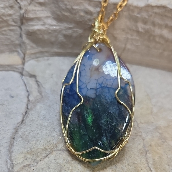 Wirewrapped Multi Color Agate Stone Mermaid Pendant Necklace - Picture 7 of 9